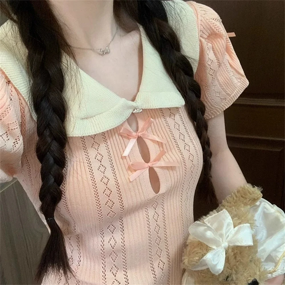 

Summer New Women's French Peter Pan Collar Knitted Short Sleeve T-shirt Bow Hollow Out Sweet Pink Design Knitted Pullover Tees
