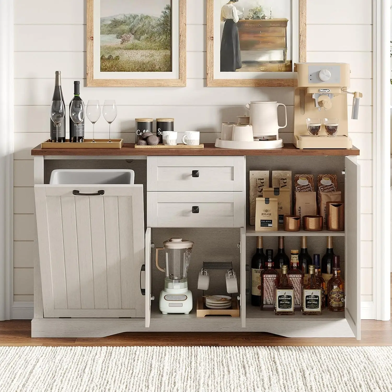55 Inch Farmhouse Buffet Cabinet with Tilt Out Trash Can, Coffee Bar Sideboard with Drawers and Hidden Waste Bin Storage