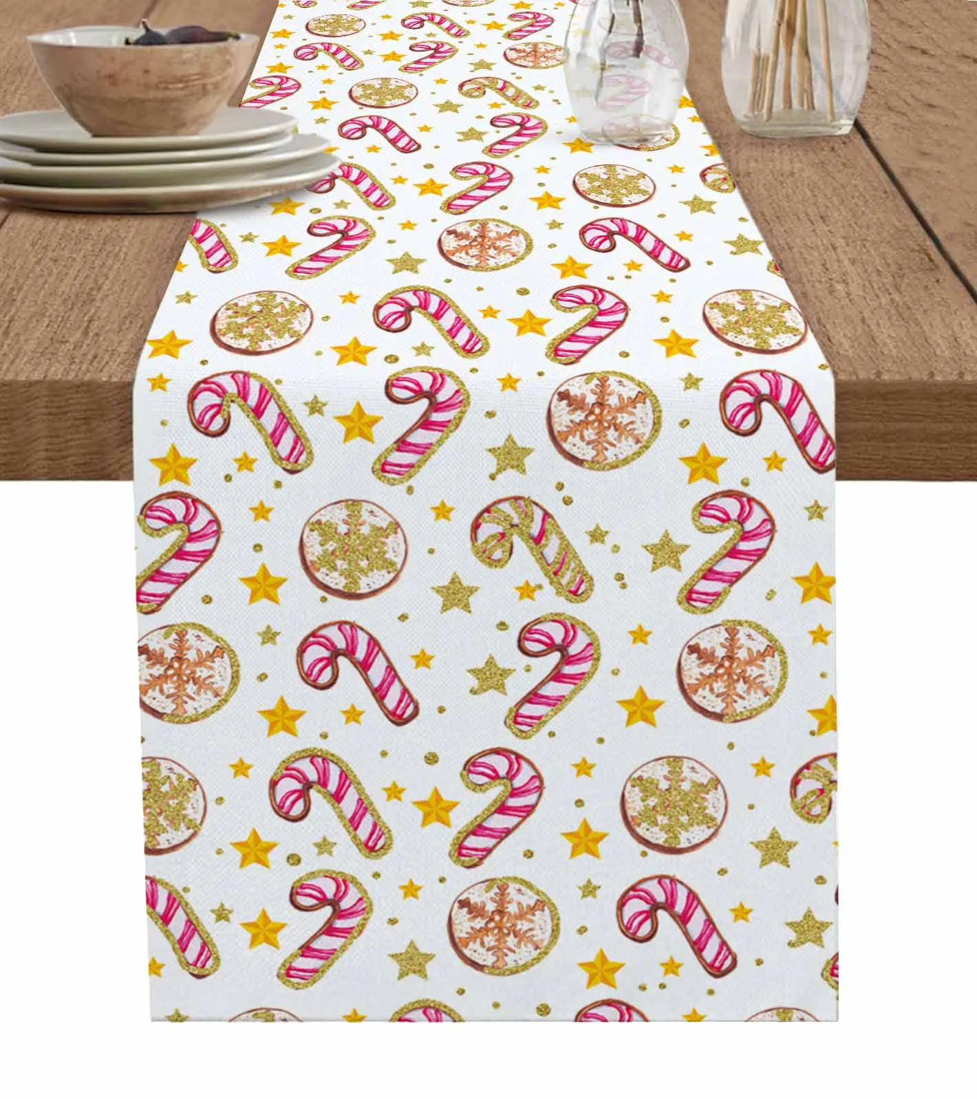 Winter Cane Candy Hand Drawn Table Runner Cotton Linen Wedding Table Decor Tablecloth Kitchen Decor Table Runner