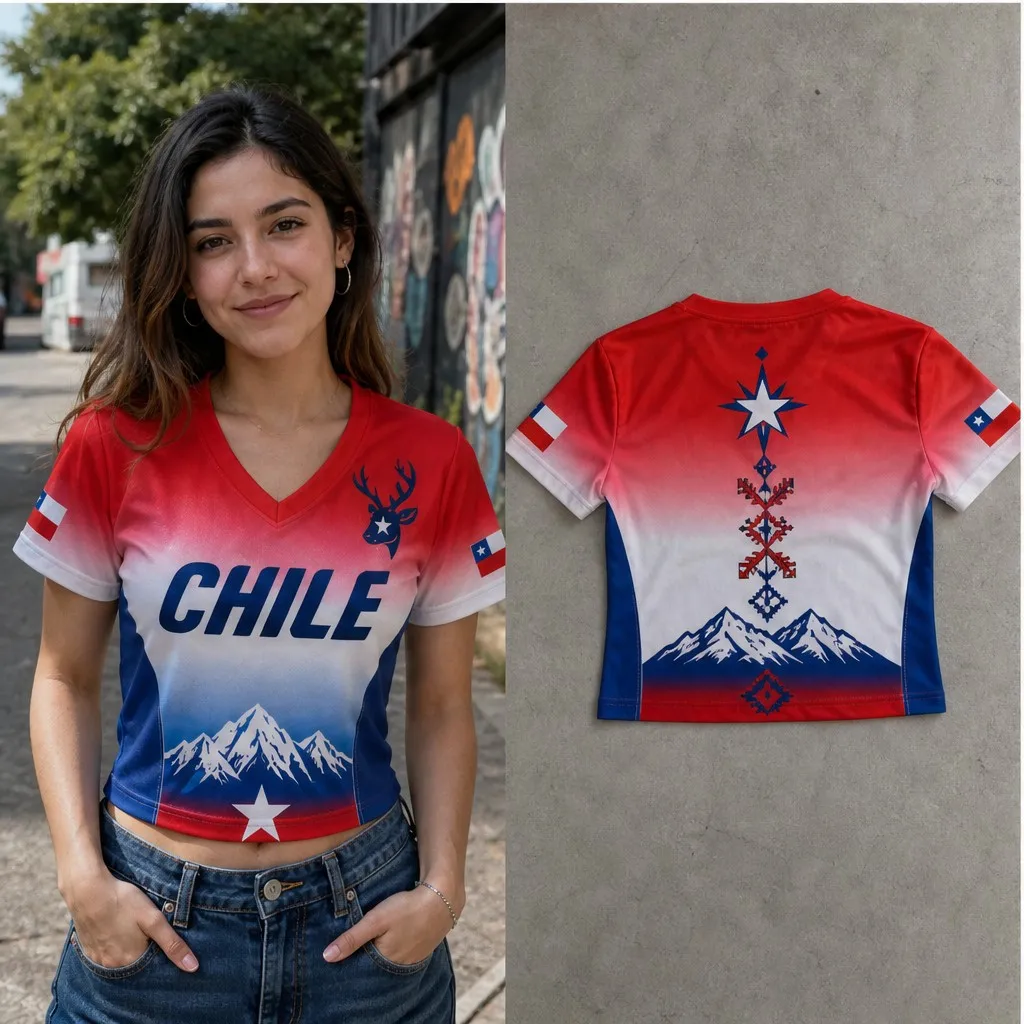 Women Chile V Neck Crop Top Mountain Deer Star Print Short Sleeve Summer Casual Streetwear Fashion Tee for Outdoor Everyday Wear