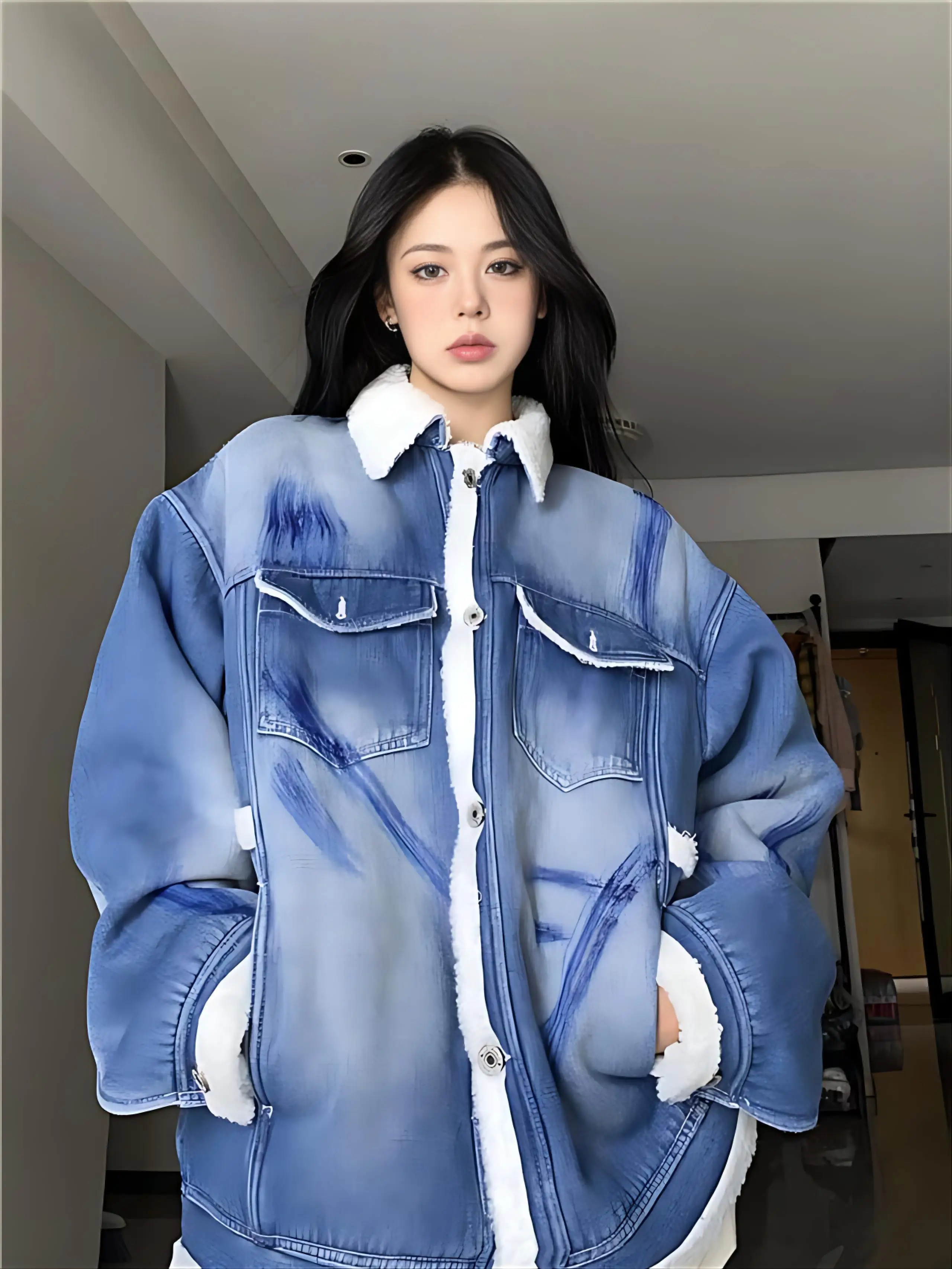 

Denim Coat With Fur And Hood Plush Womens Winter Ultra-Short Minimalist Modern Professional Urban Office Fuzzy Snap Button Daily