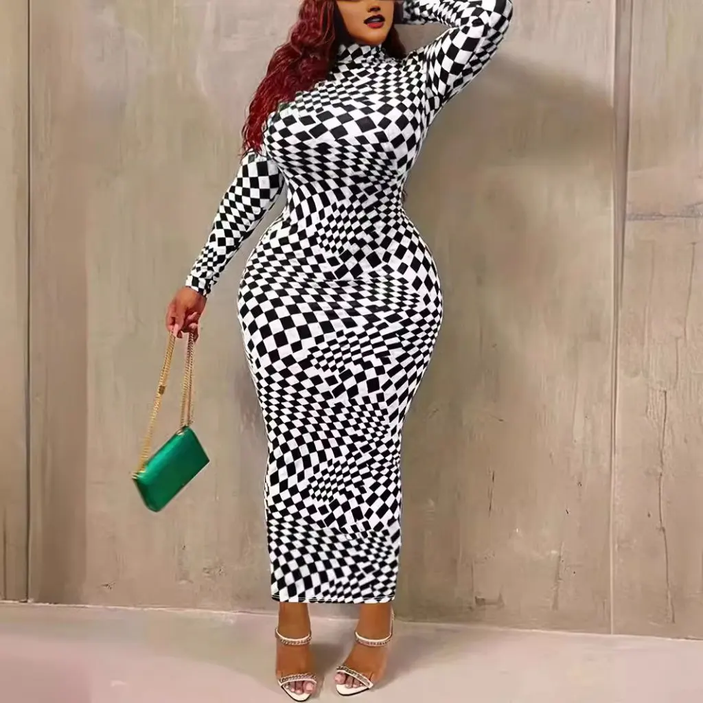 

TB5779 plus Size Long Sleeve Hip Skirt High Collar European American Style Autumn New Women's Dress for plus Size