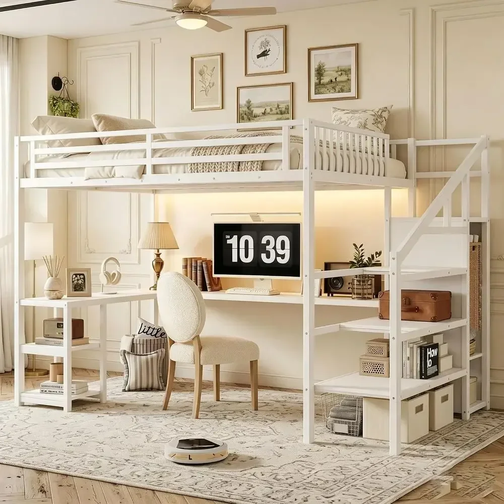Queen Size Loft Bed with Stairs, Desk, RGB LED Lighting, and Storage for Adults or Teens