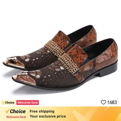 New crocodile pattern metal head men's shoes brown gold chain business wedding party flat shoes men.