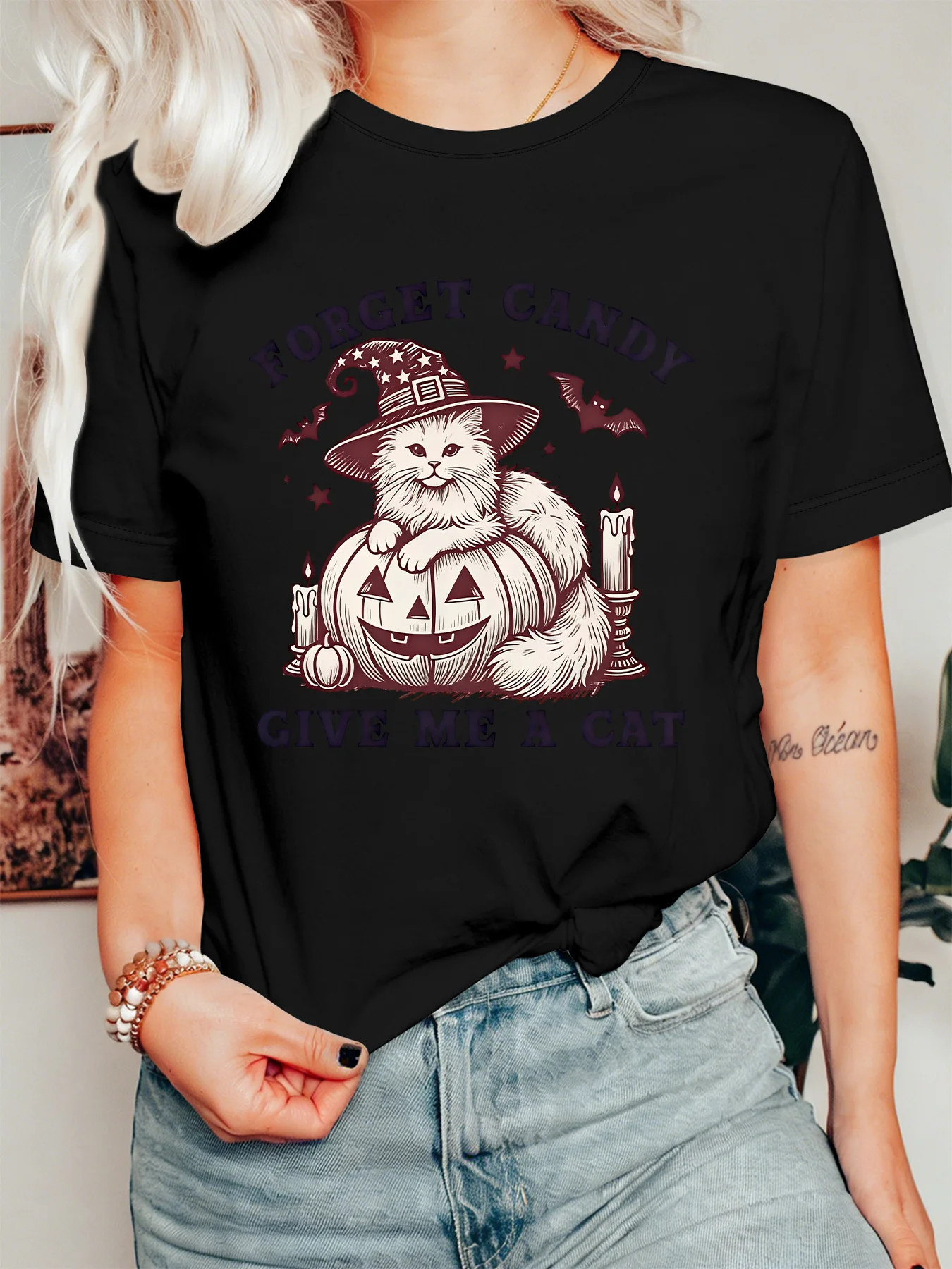 Cat Lover Halloween Womens T Shirt Witch Hat Cat Pumpkin Bat Candle Slogan Graphic Short Sleeve O Neck Casual Holiday Tops