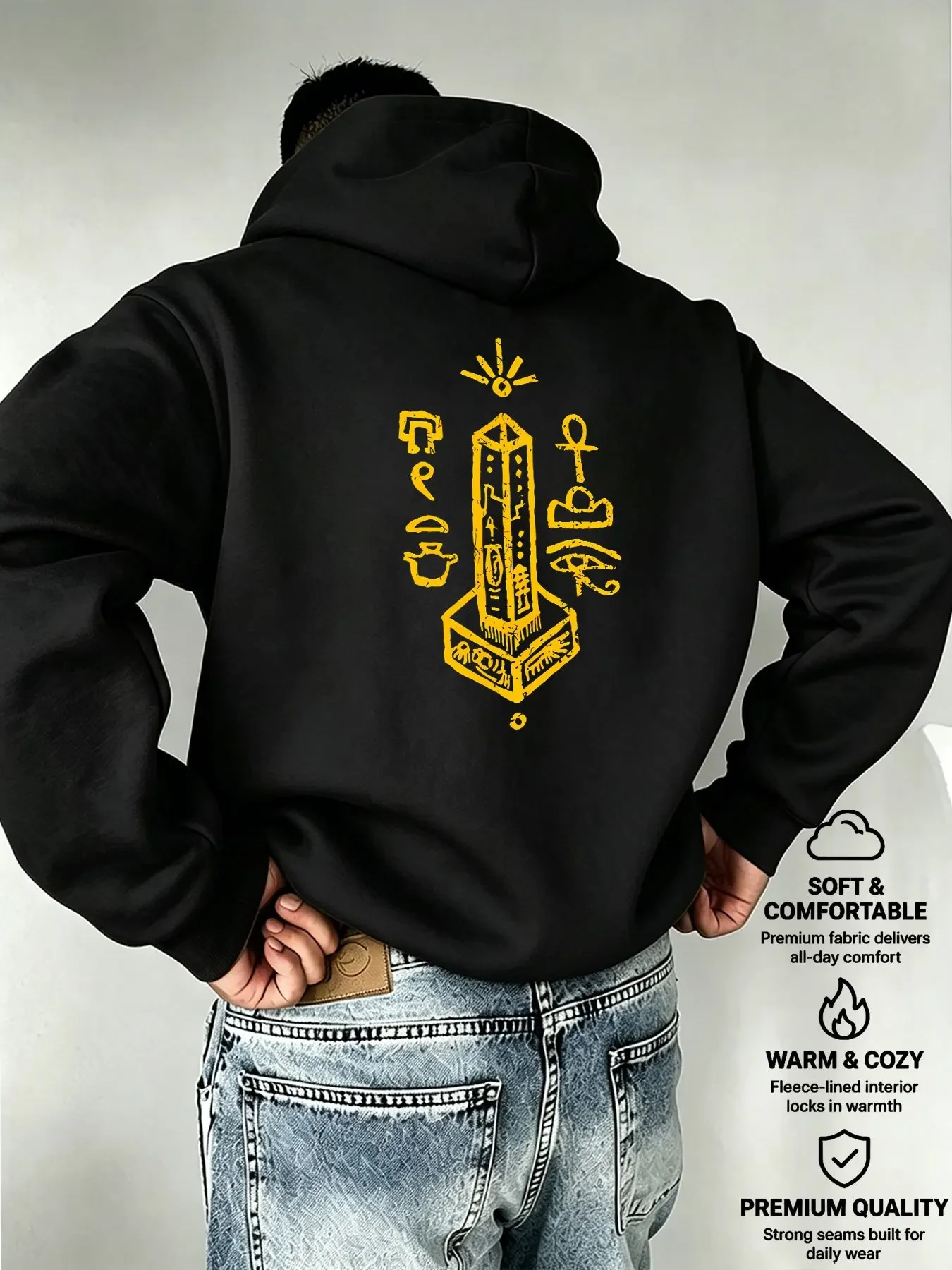 Ancient Egypt Eye of Horus Ankh Symbol Distressed Yellow Graphic Back Printed Black Streetwear Hoodies