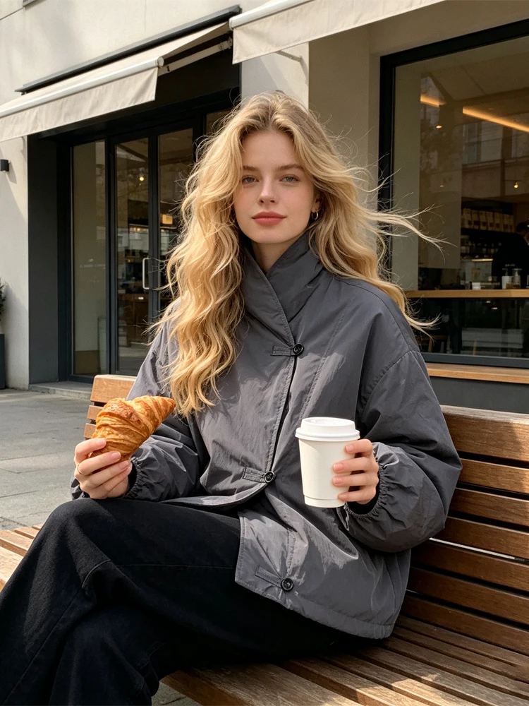 Women Grey Stand Collar Wrap Button Short Jacket Loose Cropped Elastic Cuff Lightweight Windproof Outerwear Autum Casual Coat