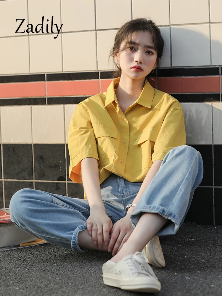 

Zadily 2023 Summer Korea Style Short Sleeve Women Shirt Casual Loose Button Up Pocket Woman Blouse Daily Female Clothing Tops