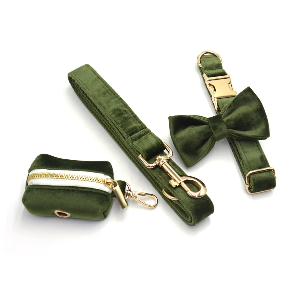 Vintage Green Velvet Custom Collars for Cat Dogs Soft Adjustable Collar and Leash Set Puppy Harness with Engraving Cat Necklace