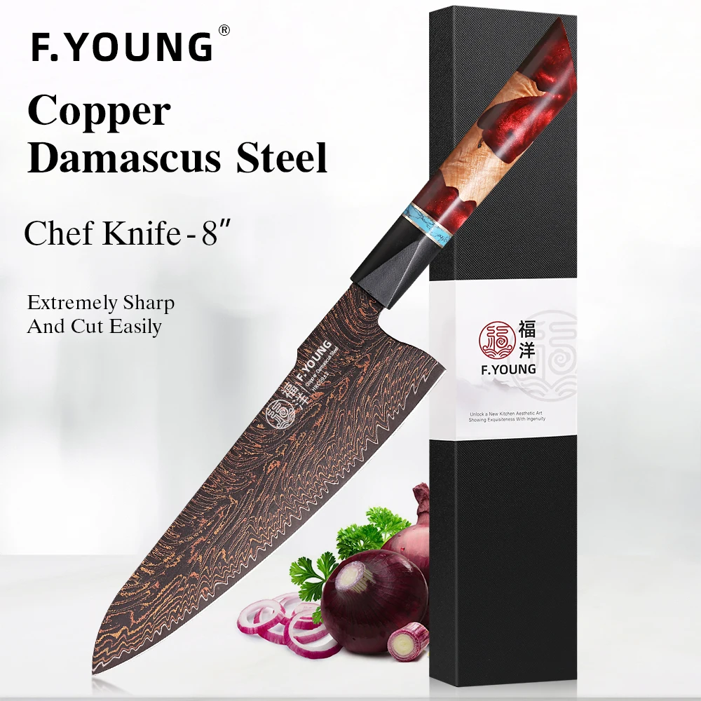 F.YOUNG 8-inch Japanese Chef Knife 37 Layer Real Tricolour Copper Damascus Steel Kitchen Knives Slicing Vegetable Kitchenware
