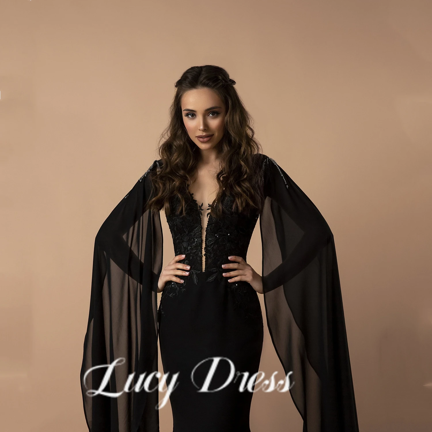 

Lucy Gothic Cape Sleeve Prom Dress Black Mermaid Evening Dress V-neck Party Dress Fishtail Sweep Train فساتين مناسبة رسمية