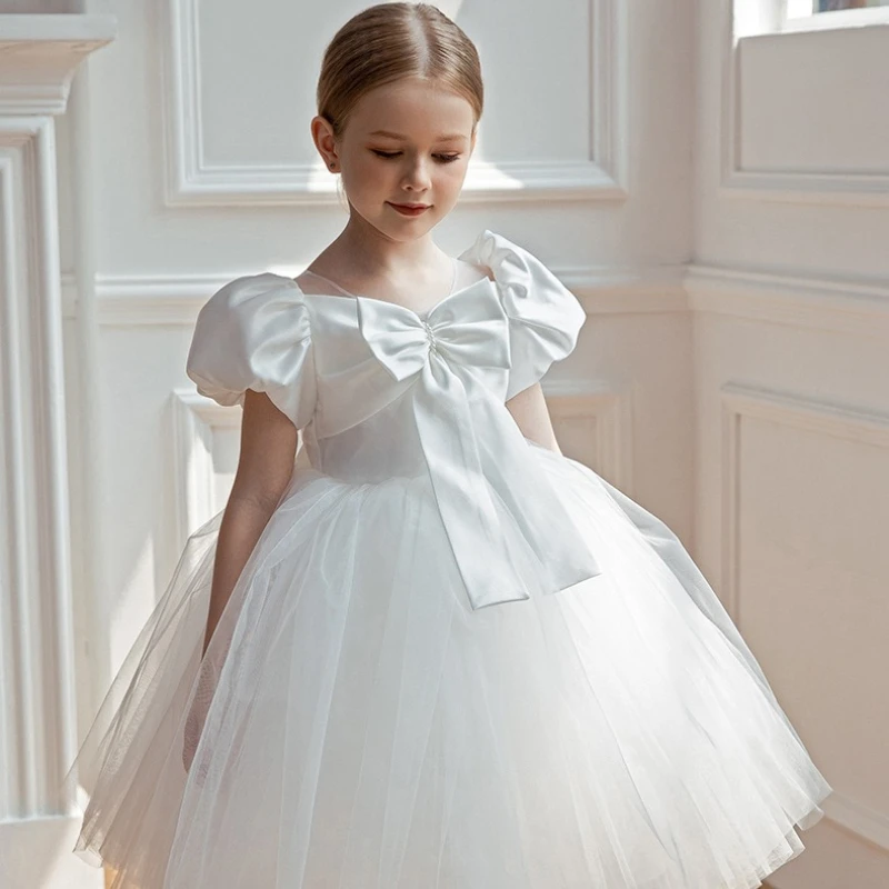2026 New White Kids Gown Bow Puffy Tulle Princess Dress Celebration Evening Dresses Clothes Children Girls Birthday Party Formal