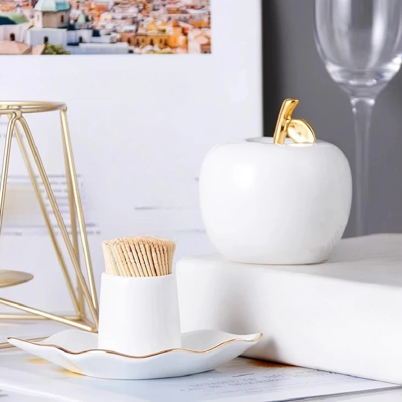 Apple‑shaped Bone China Toothpick Holder, Gold Painted Desktop Toothpick Storage Jar, Home Decoration