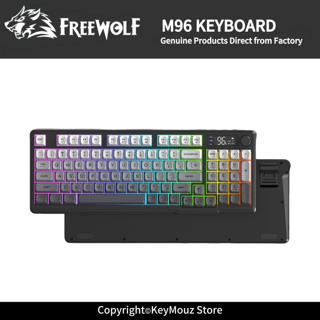 FREEWOLF M96 RGB Gaming Keyboard with Knob Control Smart Screen 2000mAh Battery Multi-Device Connection for Laptop Tablet