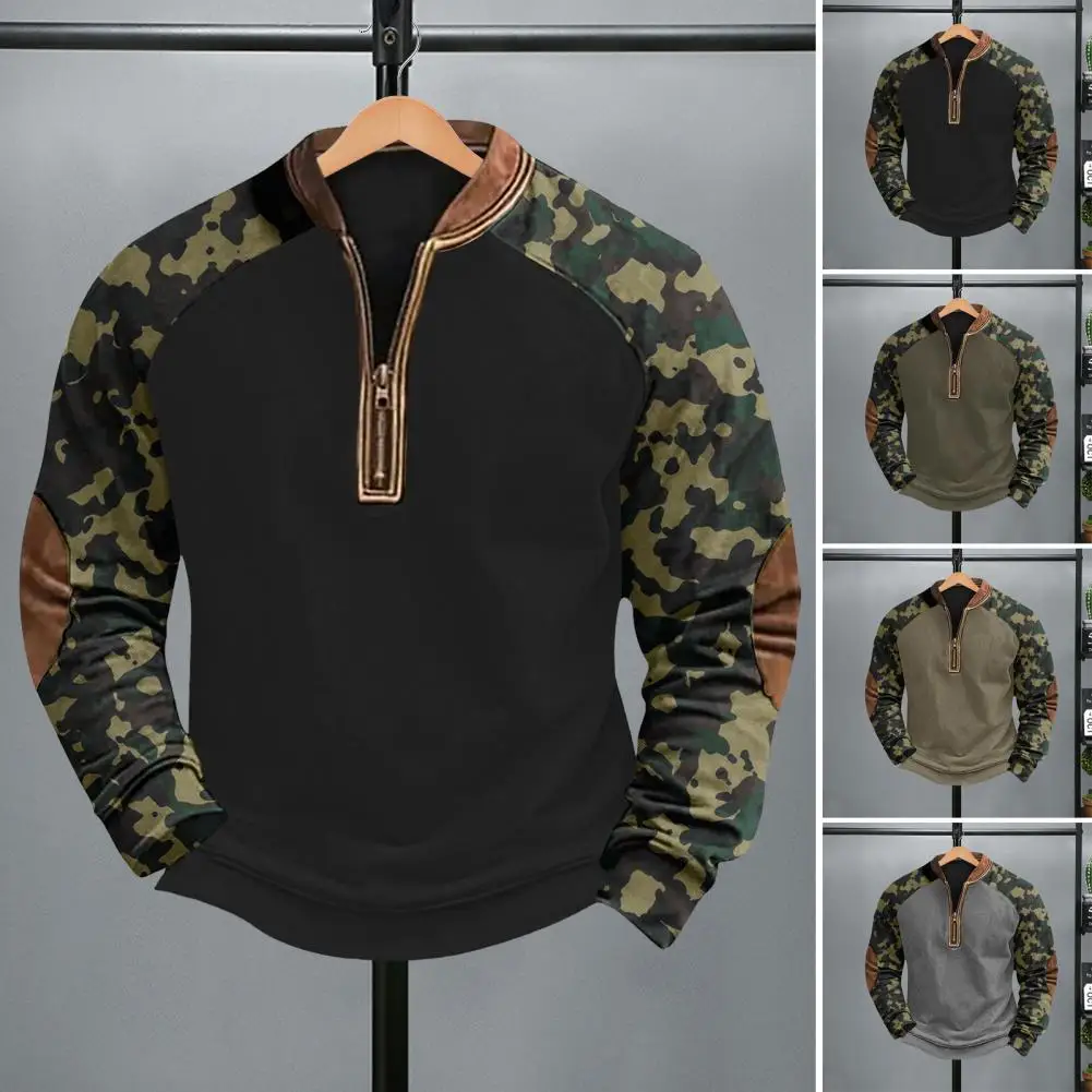 

Men Top 3D Digital Camouflage Printing Half Zipper V Neck Elastic Cuffs And Hem Pullover Outdoor Sport Training Sweatshirt