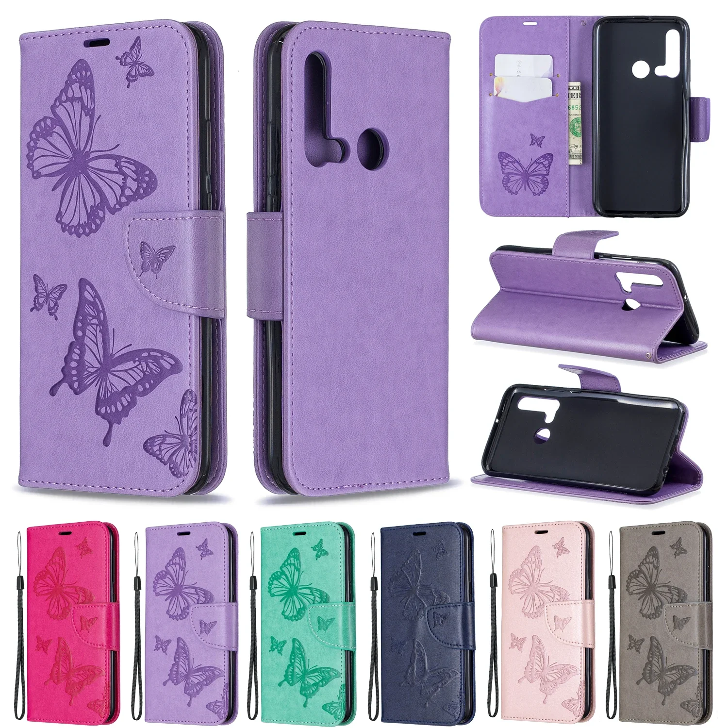 

GO*Butterfly Leather Case Wallet Anti-fall Flip Phone Case For HUAWEI Y6/Y7 2018 HONOR 20S/7A/7C/8C/9A/9X LITE PRO