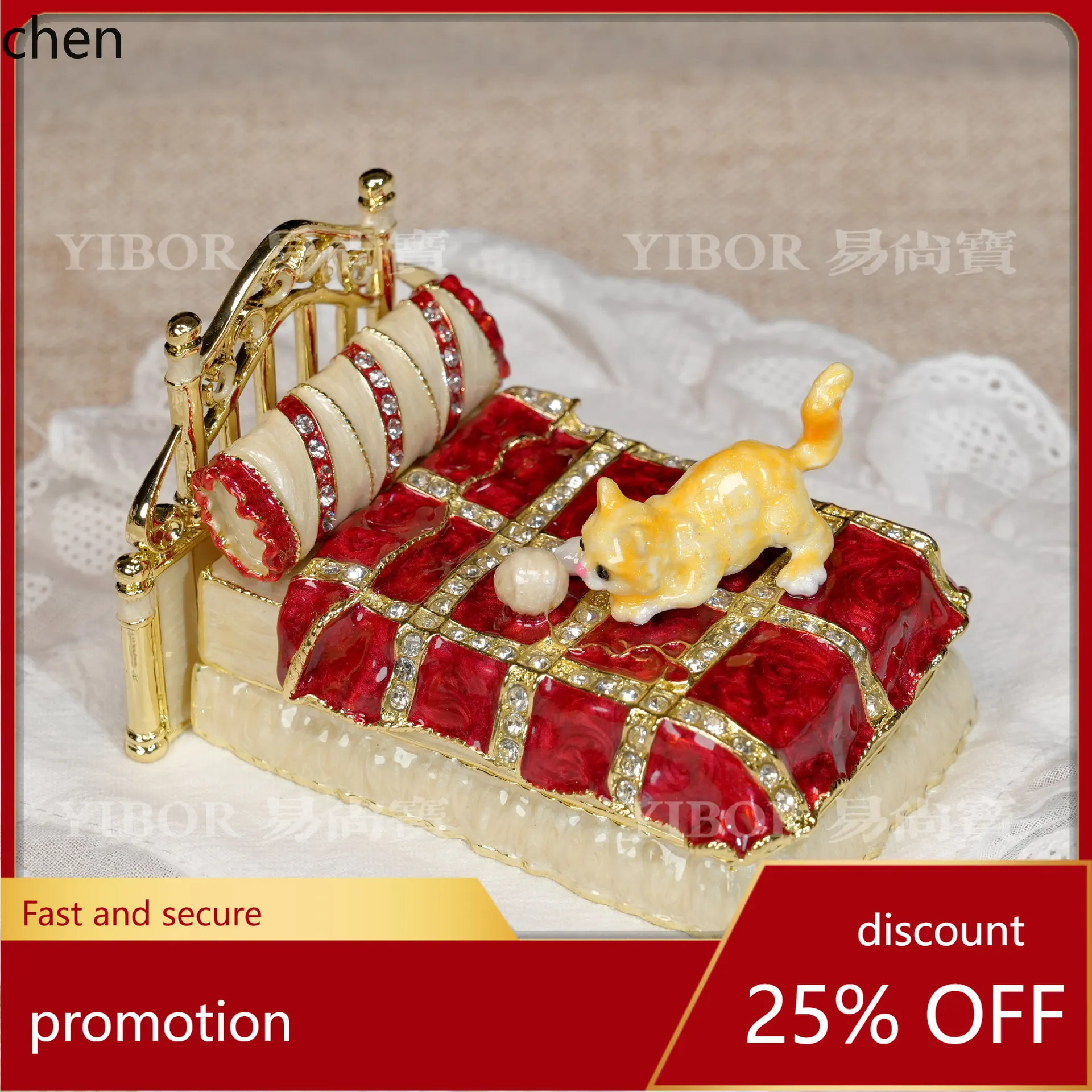 

H1 Metal Enamel Jewelry Box, Magnetic, Openable, Diamond-Embellished, Hand-Painted Cute Cat Bed, Desktop Ornament, Gift