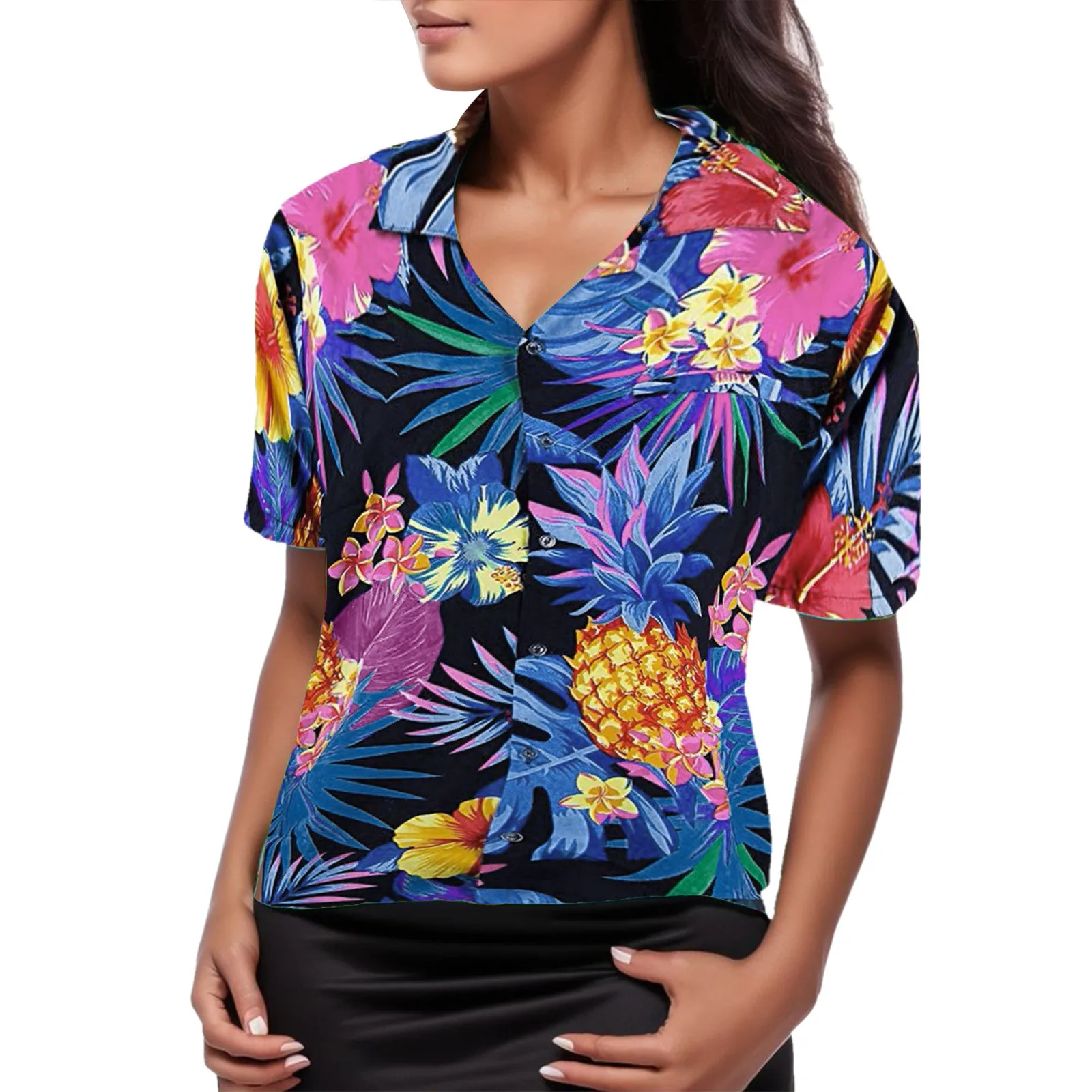 

Women Hawaiian Shirt Fashion Print Women Tops Exotic V Neck Blouses Summer Female Tropic Stylish Casual Top