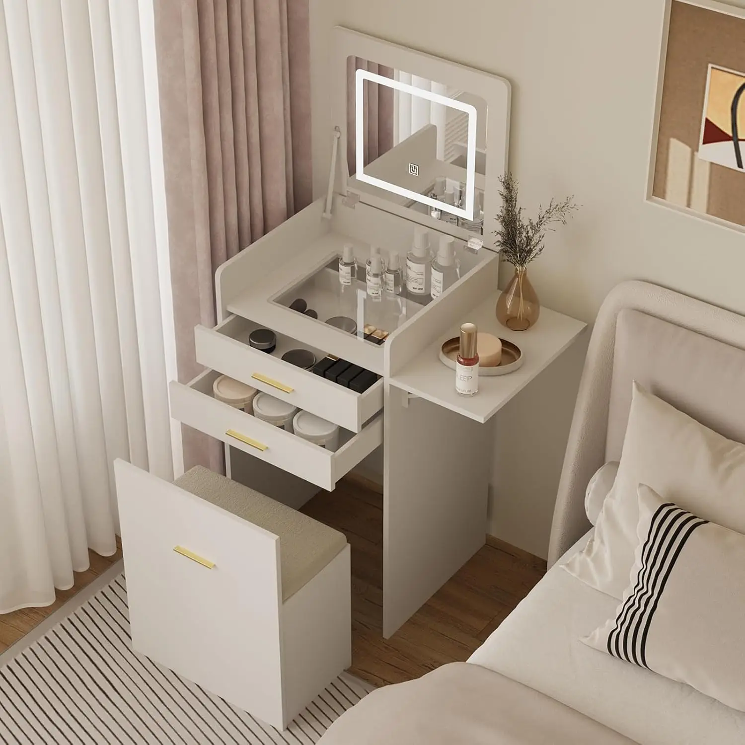 White Makeup Vanity Set for Bedroom Compact Space, 3 in 1 with Flip-top Mirror and Lights, Fold-up Panel and Storage