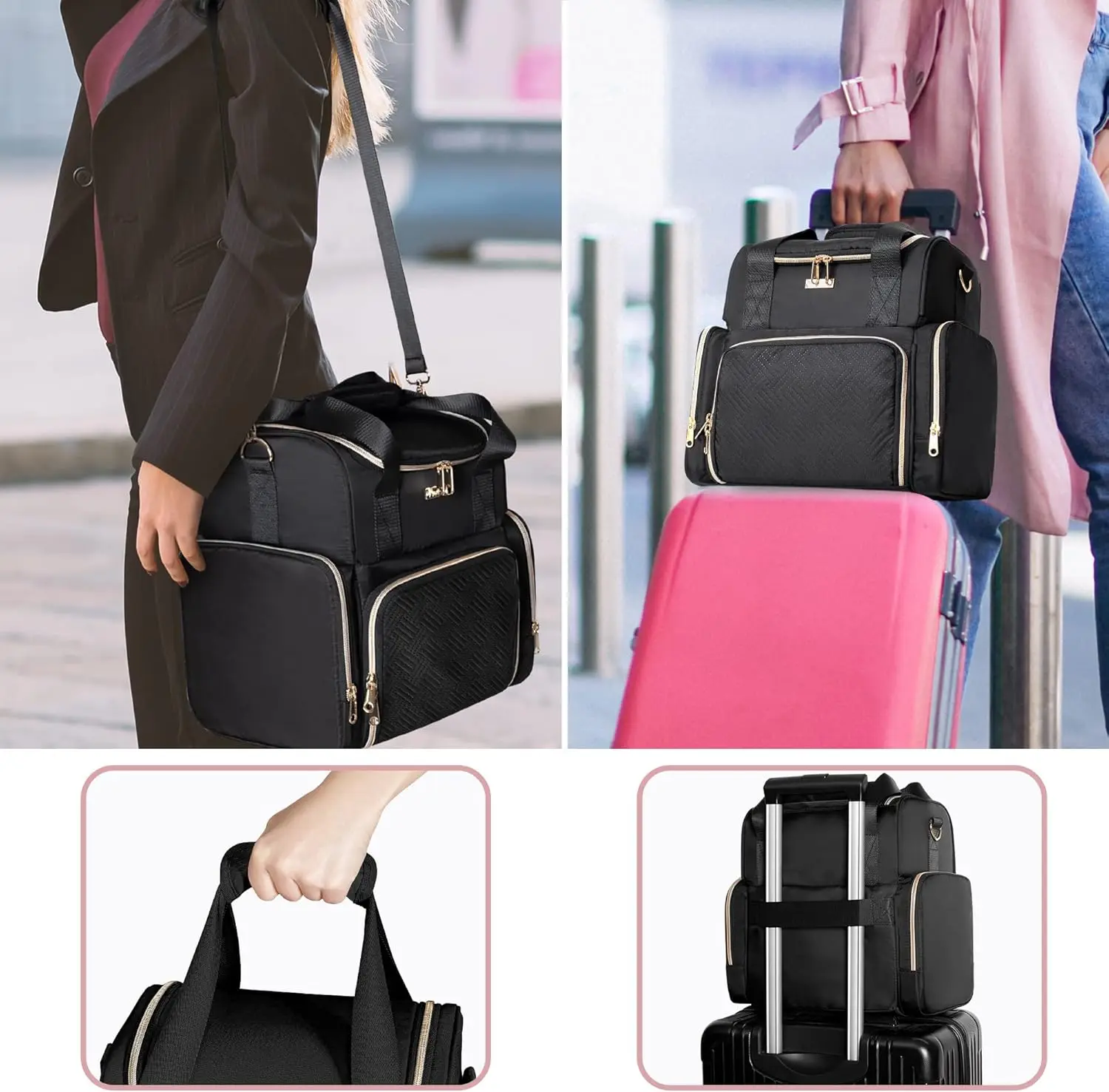 حقيبة مستحضرات تجميل كبيرة للسفر مع 3 حافظات قابلة للإزالة ومنظم بطبقة مزدوجة وتخزين الفرشاة باللون الأسود