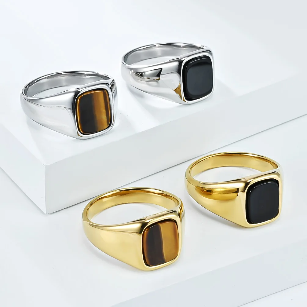 New Fashion Vintage Stainless Steel Tigers Eye Balck Stone Signet Ring for Men