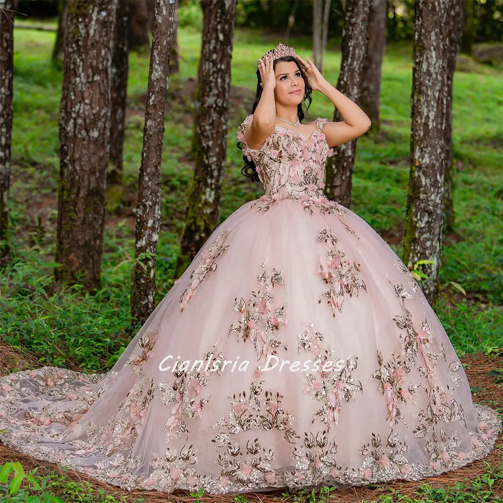 Vestido De Quinceañera rosa con flores en 3D, vestido De baile sin hombros, apliques De lentejuelas, corsé De encaje, 15 Vestidos De Quinceañera