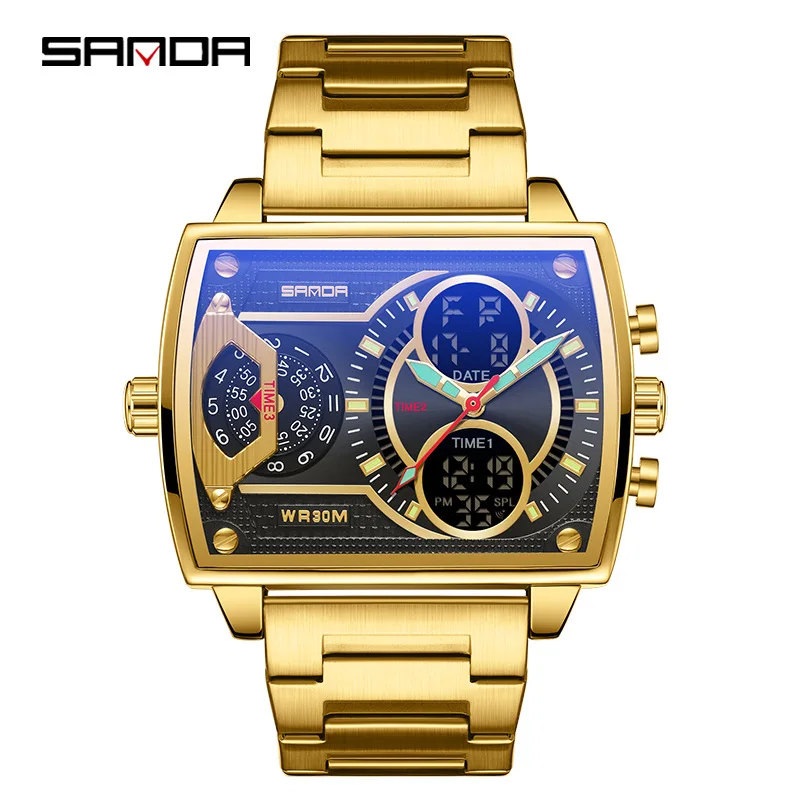 Fashion Sanda Top Brand 6032 Square Sports Multi Functional Student 3 Time Zones Electronic Skull Men\'s Waterproof Wrist Watches