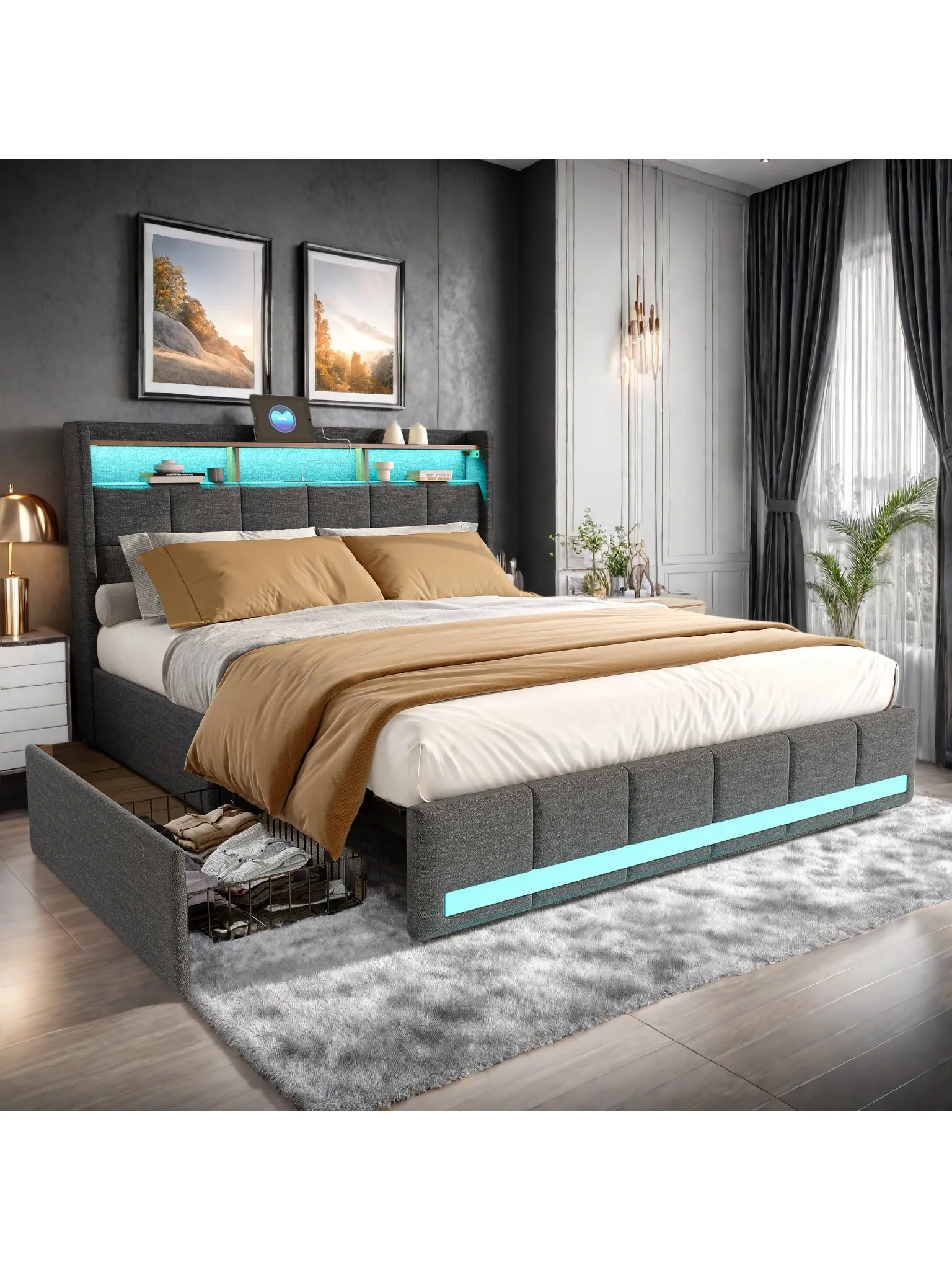 Lit double rembourré Rosahqnda 140x200 cm, lit avec rangement et 4 tiroirs, tête de lit avec éclairage LED et station de charge