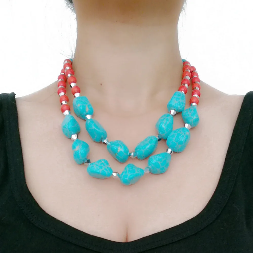 New Natural Stone Beads Turquoises Women Necklace Earrings Jewelry Set Retro Fashion Green Color Stone Necklace Accessories