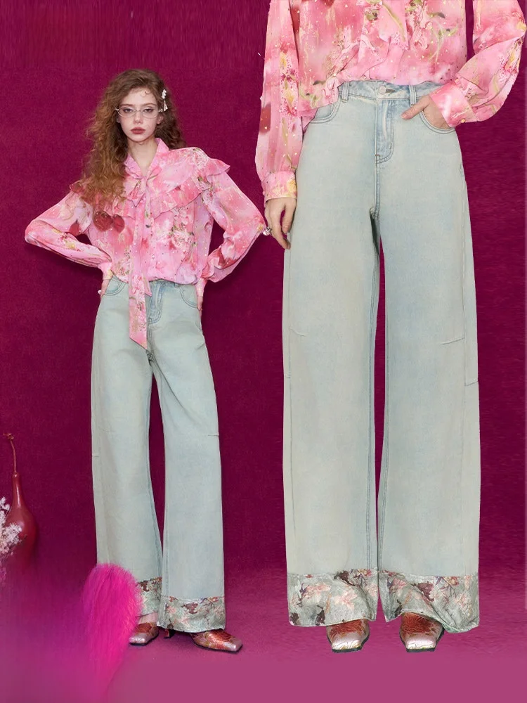 

High Waist Wide Leg Light Blue Floral Print Spliced Casual Jeans Women's Spring Straight Leg Trousers by Elf Sack