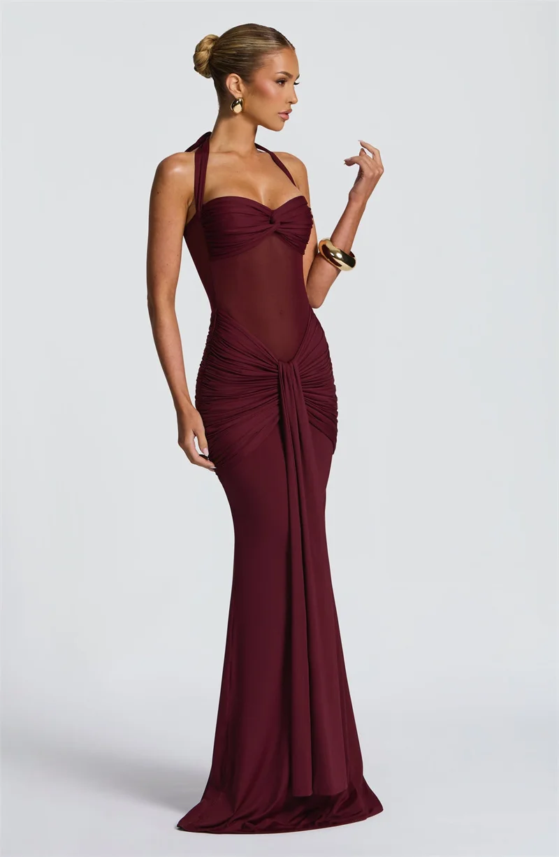 Mozision Halter-Backless Sexy Maxi Kleid Frauen Mode Patchwork Off-schulter Ärmellose Geraffte Drapierte Bodycon Club Party Kleid – Detail 7