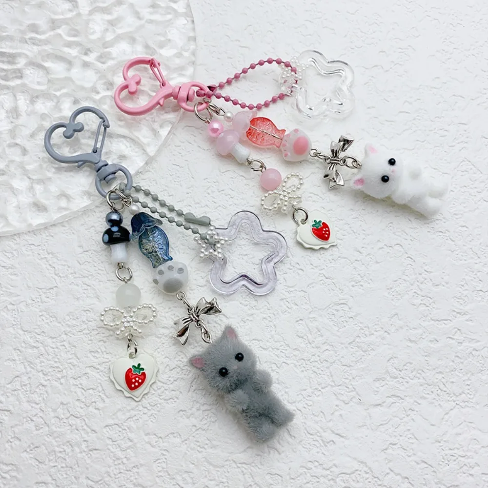 Cute Flocked Cat Keychain Anti-Lost Lanyard Backpack Pendant Flocked Kitten Mobile Phone Chain