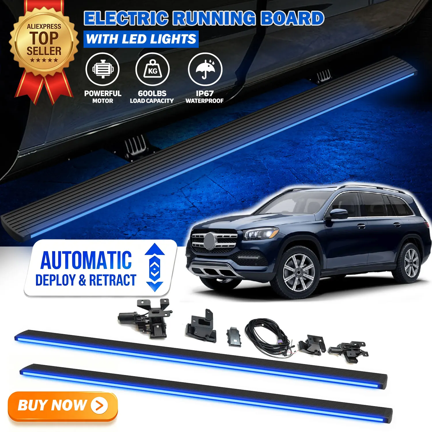 Fits For Mercedes GLS 2017-2026 Deployable Power Electric Running Boards with LED Light Strips Side Step Nerf Bars