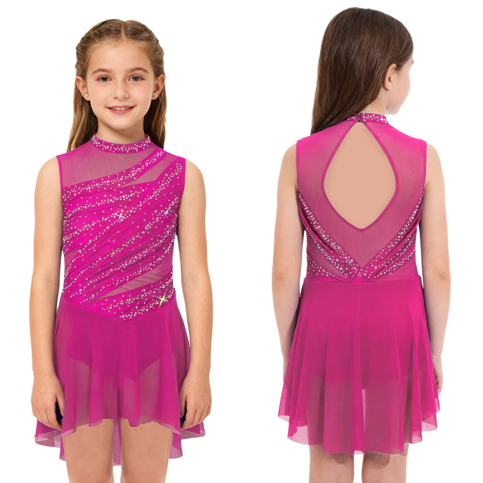 

Kids Girls Rhinestones Ballet Ballroom Dance Performance Dresses Sheer Mesh Lyrical Modern Stage Competition Dance Leotard Dress