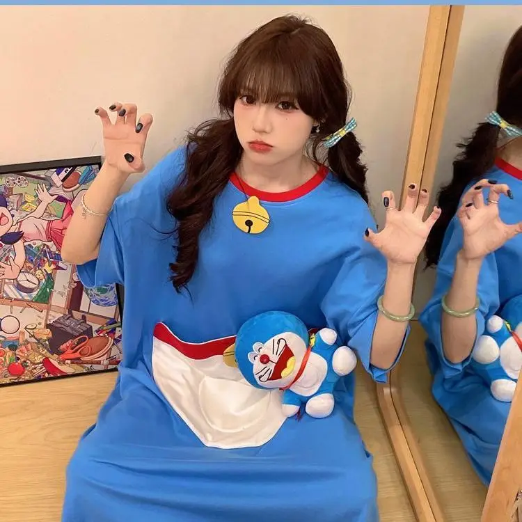 Doraemon Nightgown Oversized Short Sleeve Sleep Dress Cute Cartoon Big Pocket Loose Nightshirt Soft Summer Homewear Pajama Dress