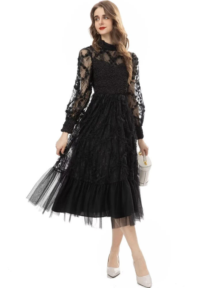 Spring Autumn New Women‘S High Quality Pleated Black Lace Mesh Elegant Slim Gorgeous Party Casual Vintage Fashion Midi Dress