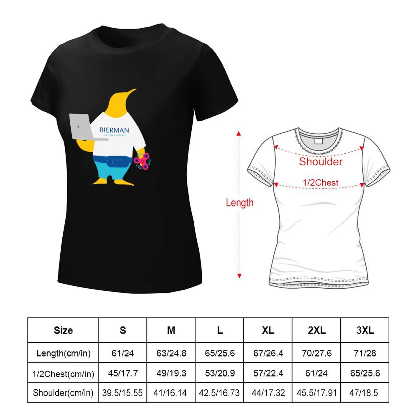 Técnica comportamental feminina pinguim com laptop, tops grandes, camiseta branca, vestido sexy, verão