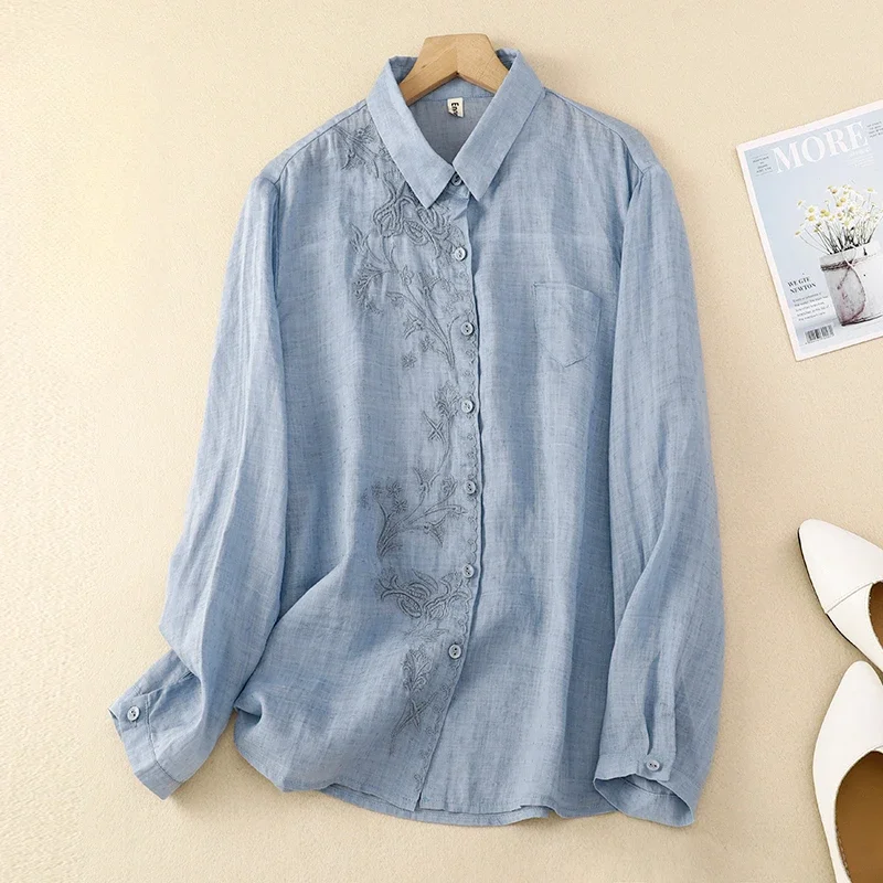 Embroidery Chinese Style Blouses Summer Vintage Women\'s Shirts Long Sleeve Cotton Linen Clothing Loose Women Top 2024 Korean