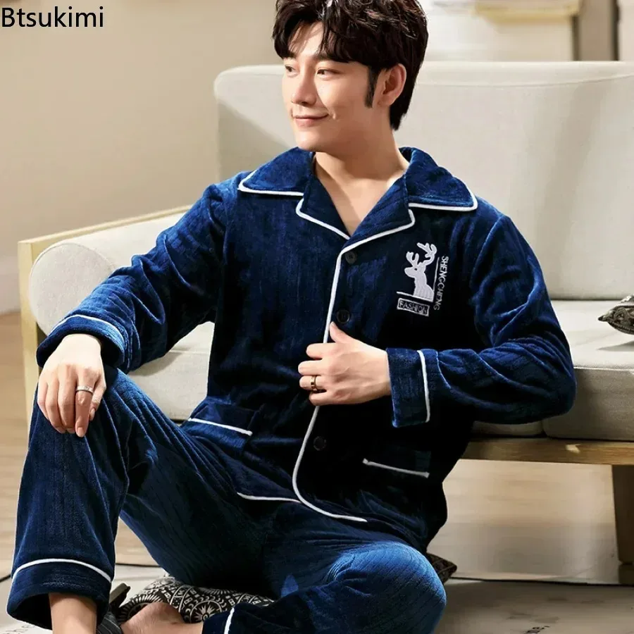 New 2025 Autumn Winter Men's Thicken Warm Flannel Pajamas Sets Soft Casual Sleepwear Long Pant Men Pajamas Sets Nightwear Male