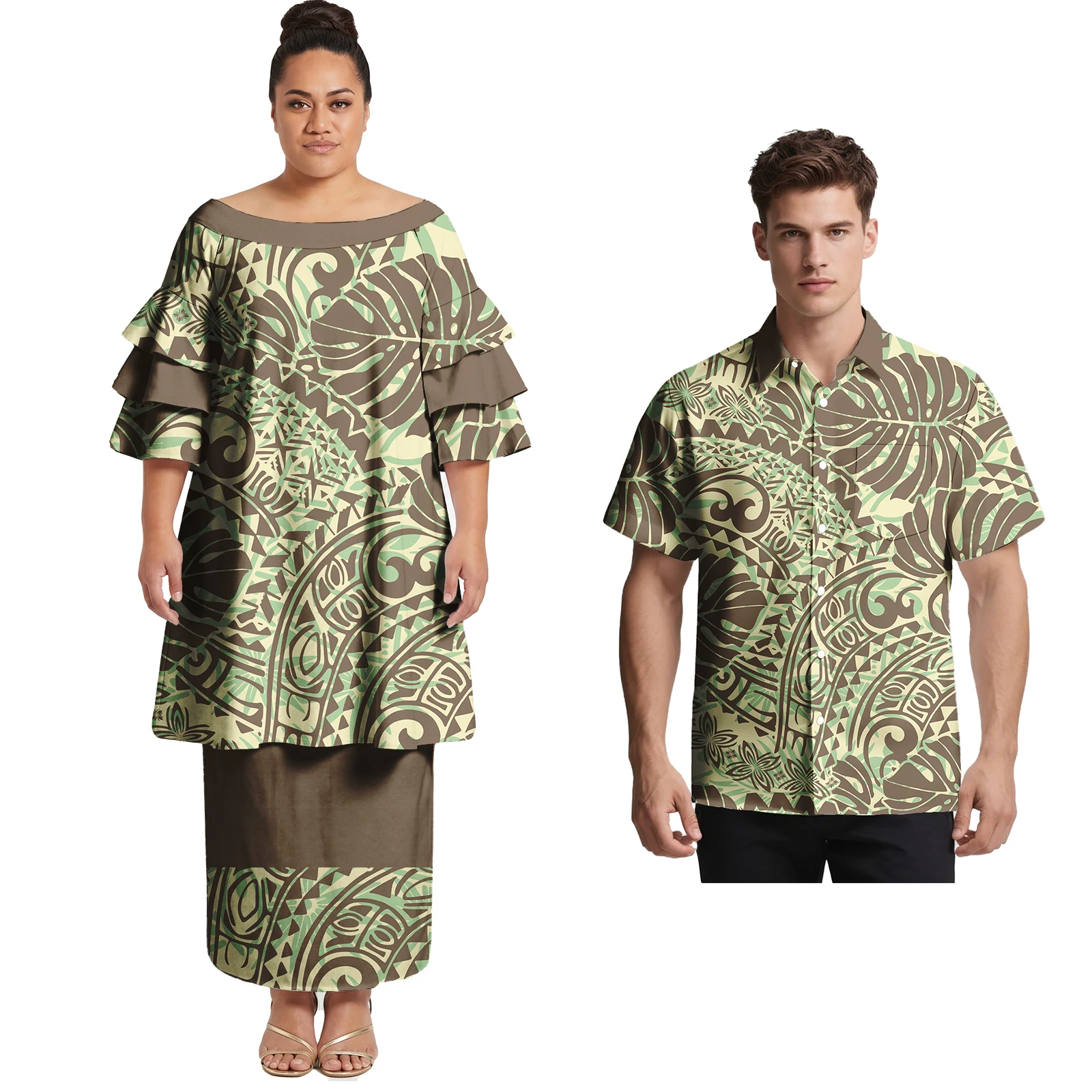 Couple Set Polynesian Men Button Party Prom Shirts Women Three Layer Petal Sleeve Samoan Puletasi Hawaiian Print Couple Outfits