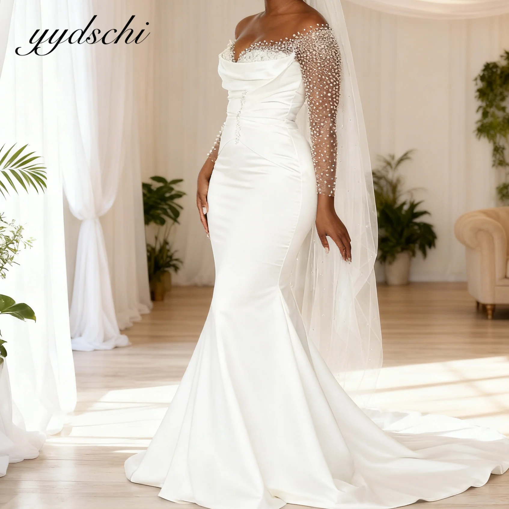 Abiti da sposa da sera formali a sirena con paillettes a cuore personalizzati con spalle scoperte 2025 Abiti da sposa in tulle senza schienale per le donne