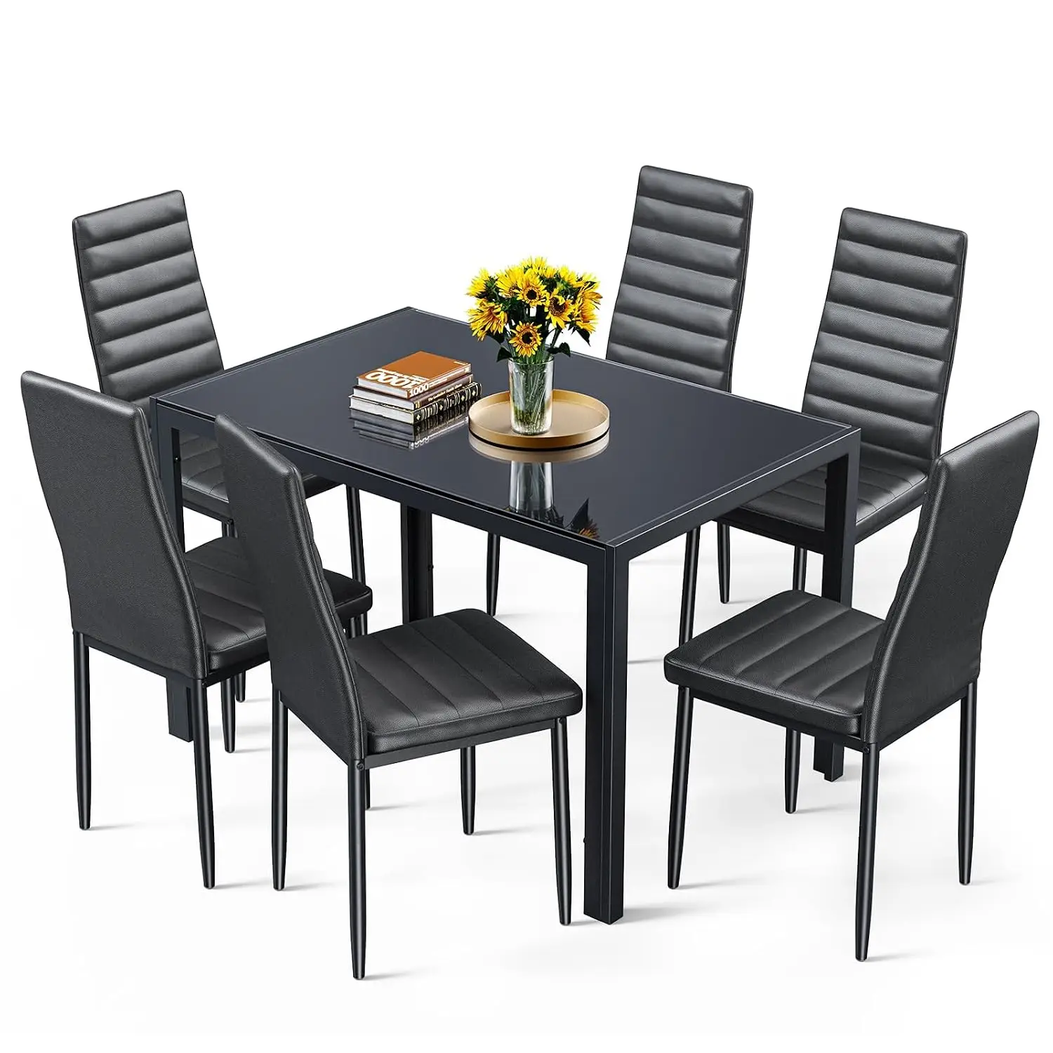 Modern Dining Table Set 6, Tempered Glass 7 Piece Black PU Leather Space Saving Furniture Home Kitchen Living Room, Customized