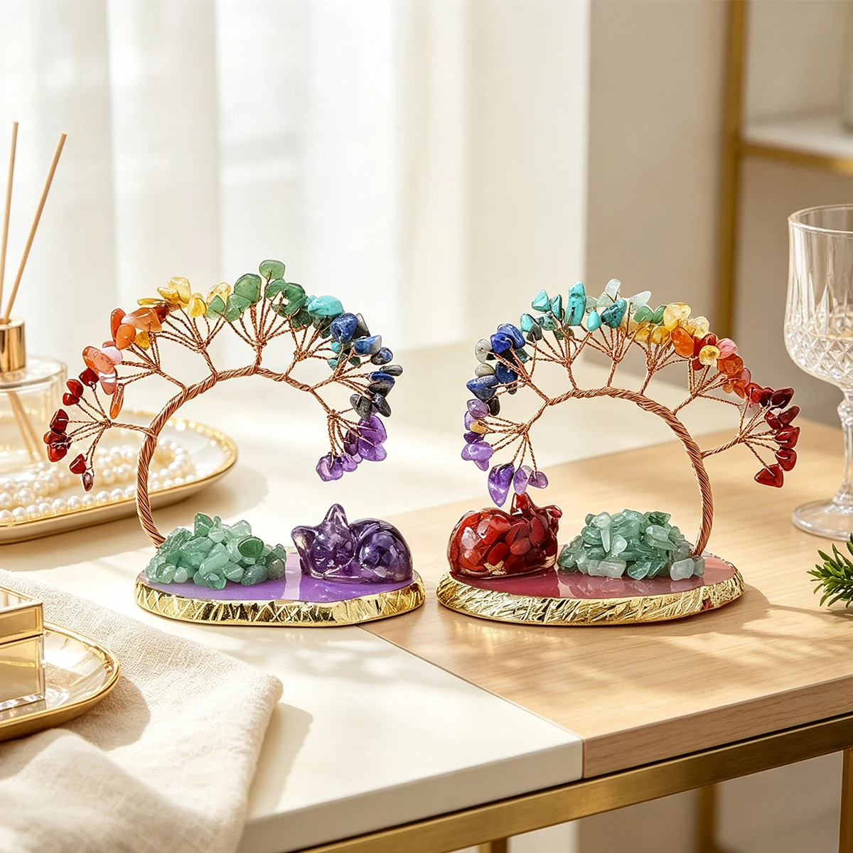 1pc Rainbow Crystal Crushed Stone Phoenix Tail Money Tree with Resin Sleeping Cat | Home Decoration & Festive Gift