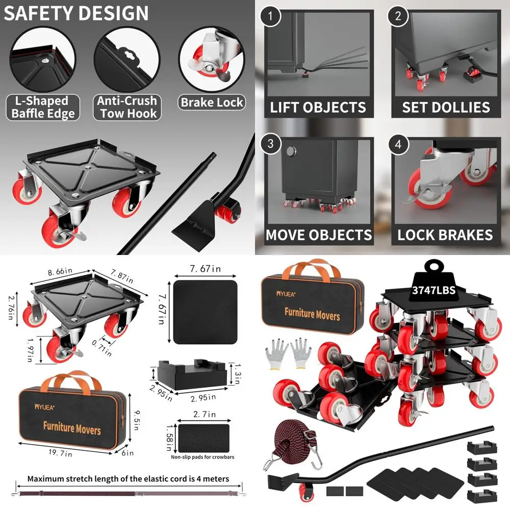 

5-Wheel Heavy-Duty Carbon Steel Furniture Dolly with 360° Swivel Rubber Wheels, Max Load 3747 lbs