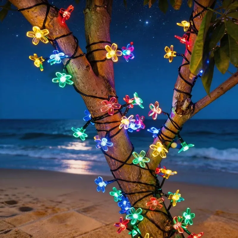 Solar Cherry Flower Fairy Lights Outdoor Waterproof 8 Modes String Lights for Christmas Garden Decor