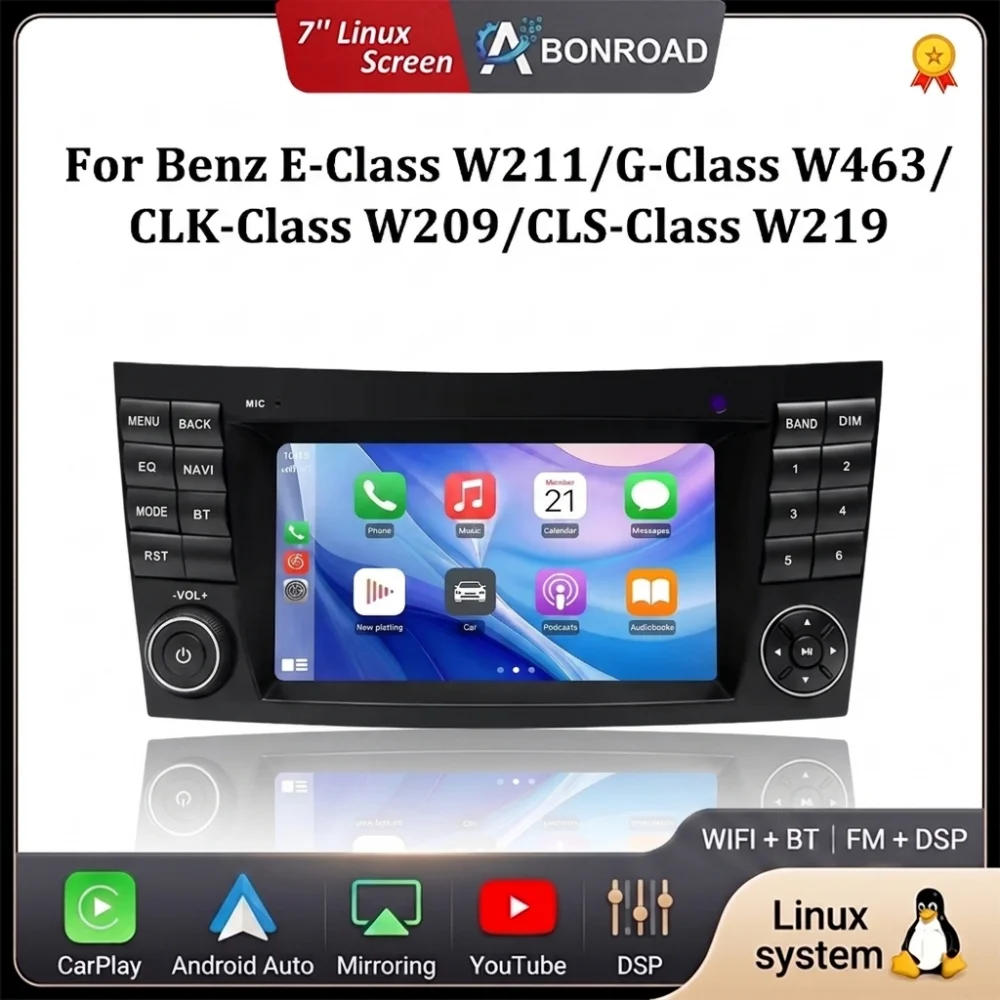 Radio samochodowe do Mercedes Benz E Class W211 E200 E220 E300 E350 E240 E280, CLS Class W219, CLK W209, G W463 z bezprzewodowym CarPlay, Android Auto, Youtube, WIFI, BT, GPS, odtwarzaczem