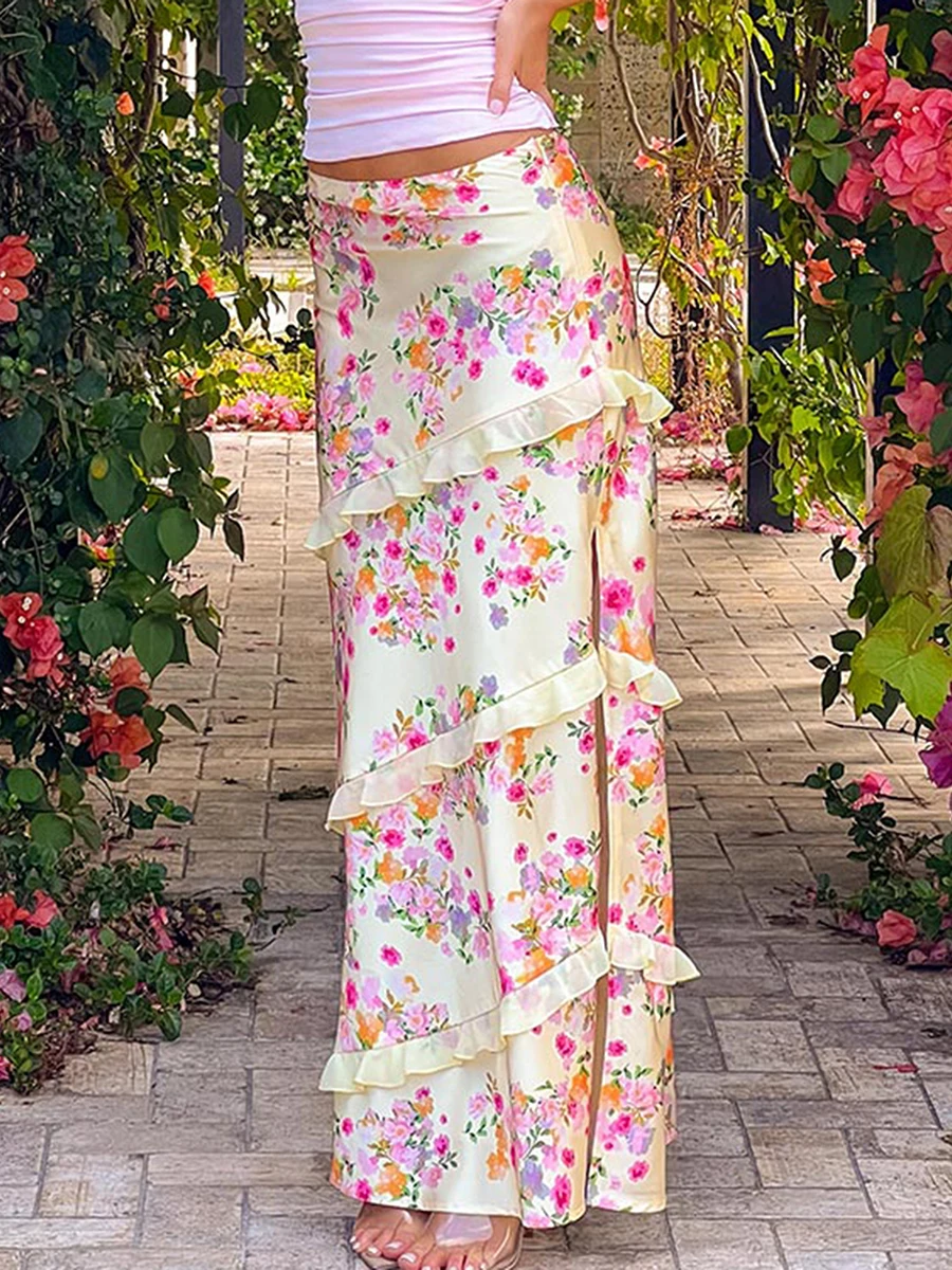 New Fashion Women Floral Outfit Off Shoulder Split Front Tube Tops High Rise Long Skirt 2 Pcs Set For Party Club Hot Sale S M L