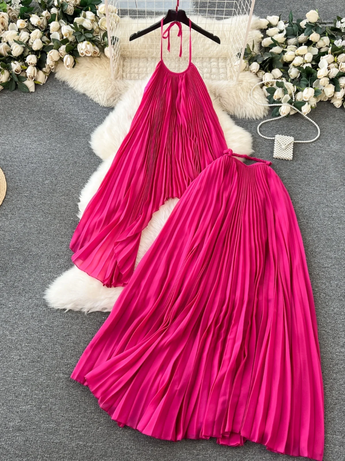 Beach Vaion Sleผู้หญิง2024ใหม่Heavy EmbelliedชีฟองHang Neเสื้อชุดกระโปรงHigh-End Feeling 2ชิ้นชุด