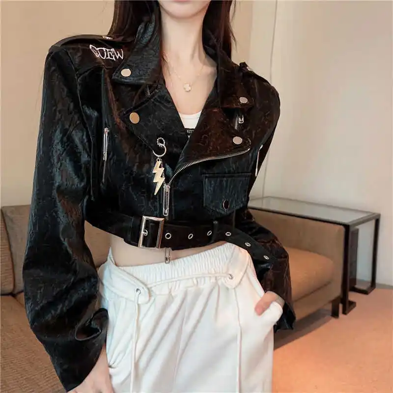 

American Style Fashion Black PU Leather Jackets Spring Autumn New Short Coat Women Streetwear Punk Moto&Biker Coats