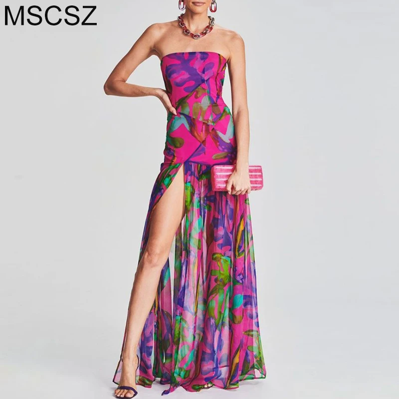 

MSCSZ Strapless Mesh Maxi Dress Fashion Floral Print Summer Dress Women 2025 Sexy High Split Backless Pleated Long Dress